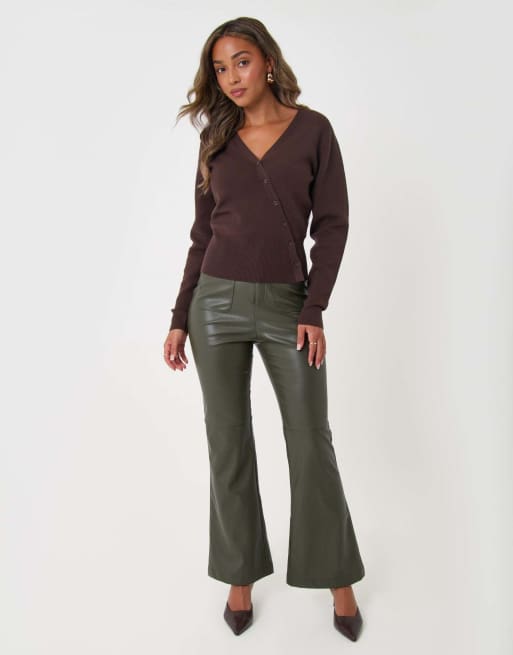 Threadbare Faux leather flared trousers in khaki, 5 of 5