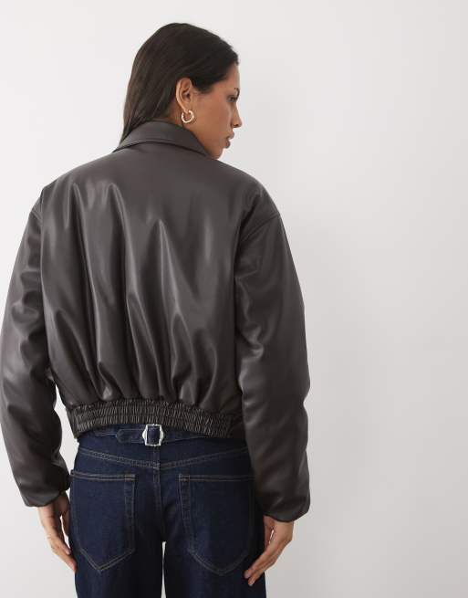 Threadbare faux leather funnel neck jacket in brown, 3 of 4