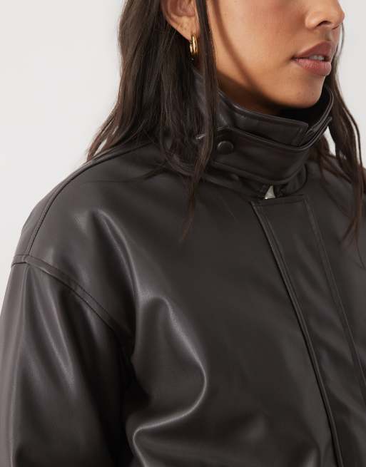 Threadbare faux leather funnel neck jacket in brown, 4 of 4