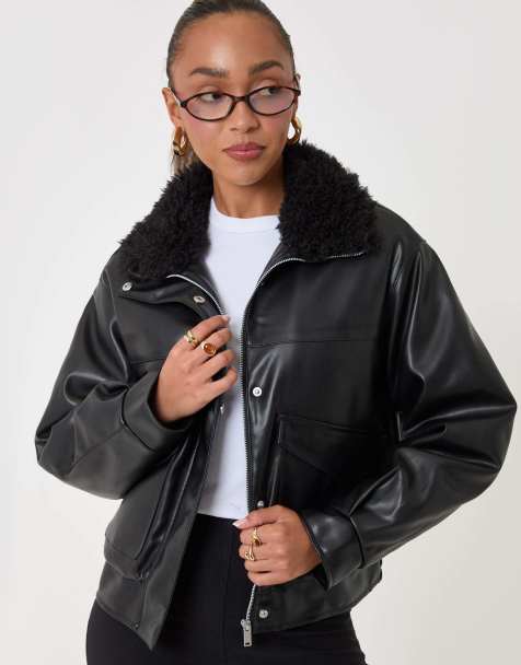 Threadbare Faux leather fur collar jacket in black - view 1