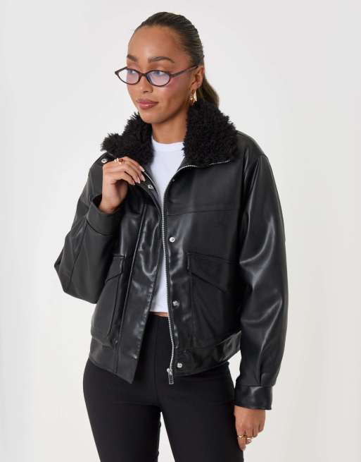 Threadbare Faux leather fur collar jacket in black, 3 of 5