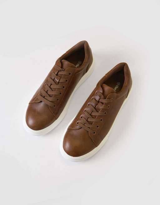 Threadbare Faux leather lace up court trainers in tan, 2 of 4