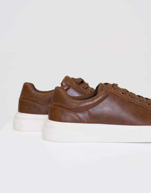 Threadbare Faux leather lace up court trainers in tan, 3 of 4