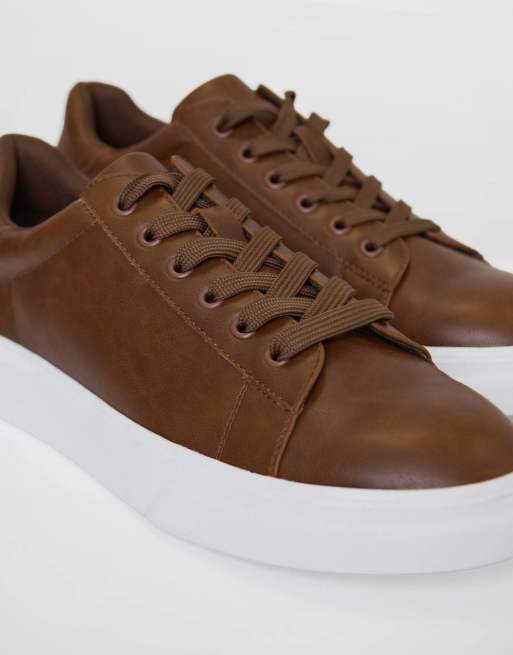 Threadbare Faux leather lace up court trainers in tan, 4 of 4