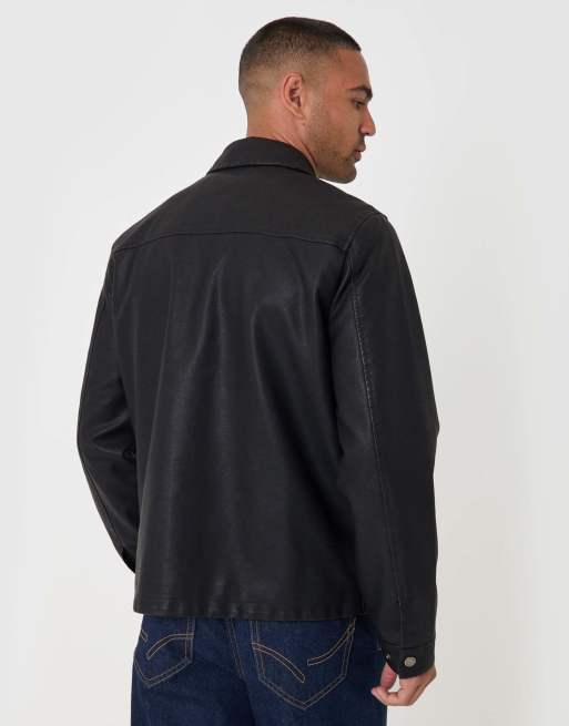 Threadbare Faux leather zip up collared jacket in black, 3 of 4