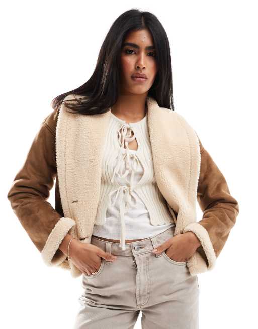 Threadbare faux suede and borg jacket in tan