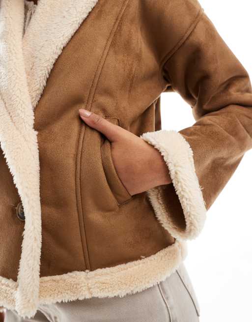 Threadbare faux suede and borg jacket in tan