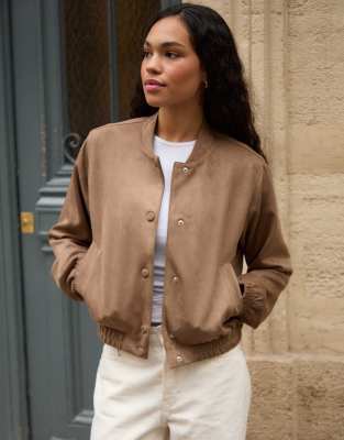 Threadbare Faux Suede Bomber Jacket In Neutral
