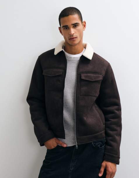 Threadbare Faux Suede Borg Lined Aviator Jacket in Brown - view 1
