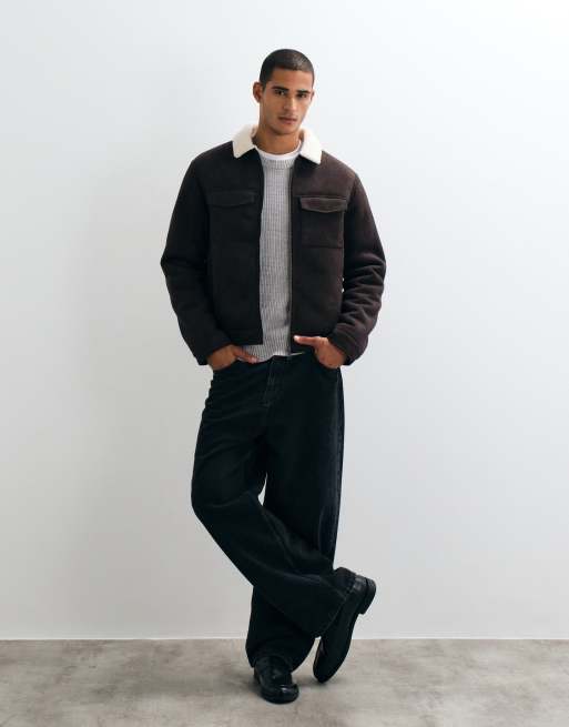 Threadbare Faux Suede Borg Lined Aviator Jacket in Brown, 2 of 5