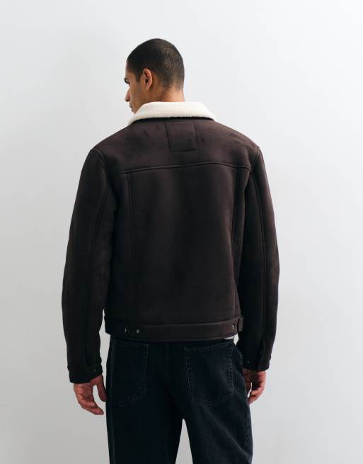 Threadbare Faux Suede Borg Lined Aviator Jacket in Brown, 3 of 5