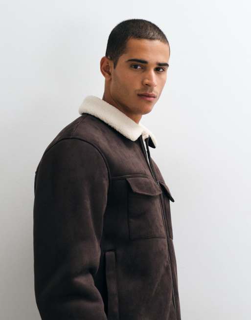 Threadbare Faux Suede Borg Lined Aviator Jacket in Brown, 4 of 5
