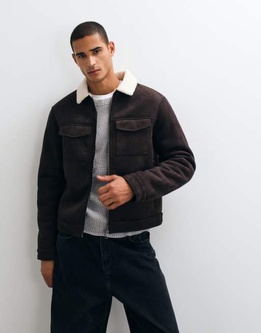 Threadbare Faux Suede Borg Lined Aviator Jacket in Brown, 5 of 5
