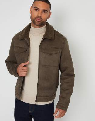 Threadbare Faux Suede Borg Lined Aviator Jacket In Green