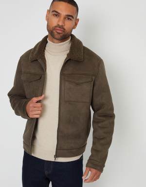 Threadbare Faux suede borg lined aviator jacket in khaki
