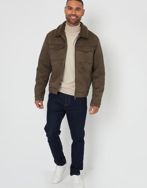 Threadbare Faux suede borg lined aviator jacket in khaki, 2 of 3