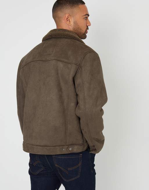 Threadbare Faux suede borg lined aviator jacket in khaki, 3 of 3