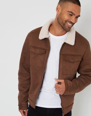 Threadbare Faux Suede Borg Lined Aviator Jacket In Neutral