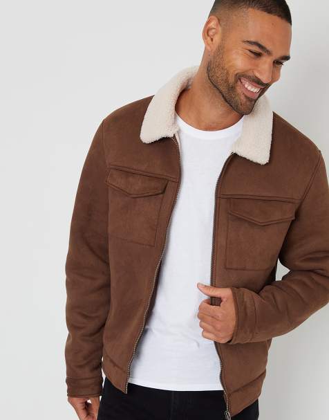 Threadbare Faux suede borg lined aviator jacket in taupe - view 1