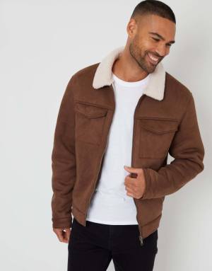 Threadbare Faux suede borg lined aviator jacket in taupe
