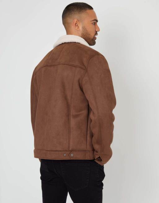 Threadbare Faux suede borg lined aviator jacket in taupe, 2 of 5