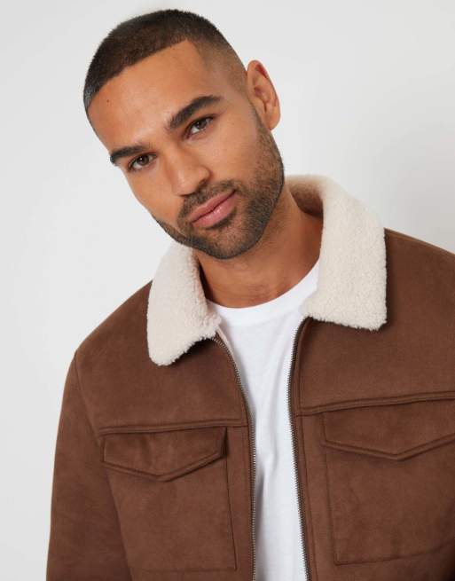 Threadbare Faux suede borg lined aviator jacket in taupe, 3 of 5