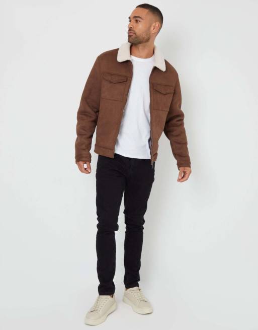 Threadbare Faux suede borg lined aviator jacket in taupe, 4 of 5