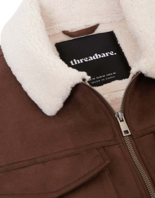 Threadbare Faux suede borg lined aviator jacket in taupe, 5 of 5