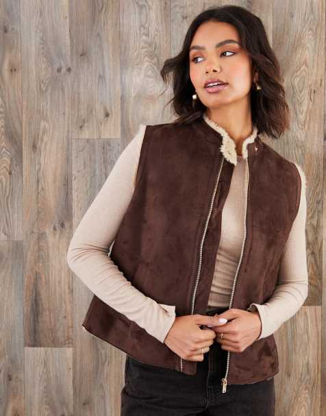 Threadbare Faux suede borg lined gilet in chocolate - view 1