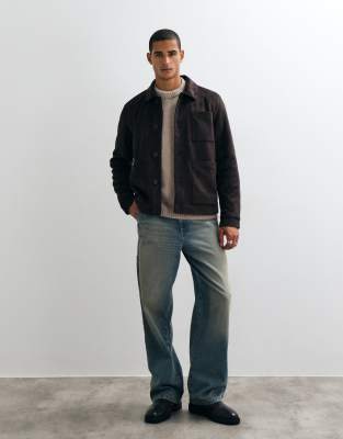 Threadbare Faux Suede Button Up Collared Jacket In Brown