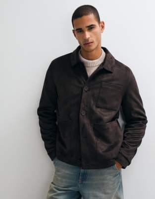 Threadbare Faux Suede Button Up Collared Jacket In Brown