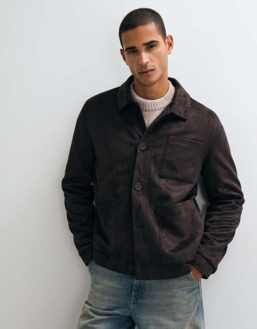 Threadbare faux suede button up collared jacket in chocolate brown, 2 of 5