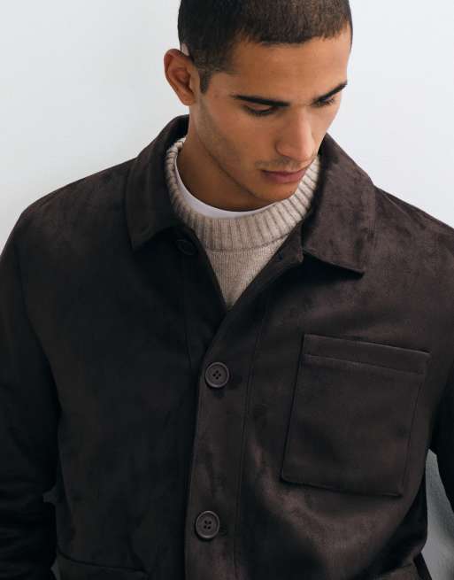 Threadbare faux suede button up collared jacket in chocolate brown, 3 of 5