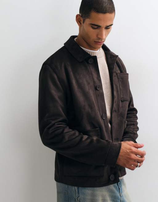 Threadbare faux suede button up collared jacket in chocolate brown, 4 of 5