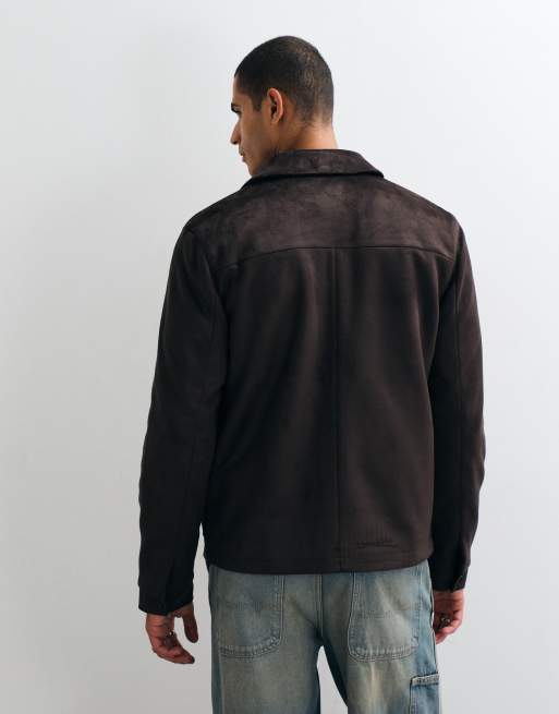 Threadbare faux suede button up collared jacket in chocolate brown, 5 of 5