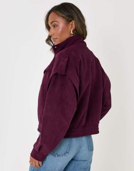 Threadbare Faux suede cape shoulder bomber jacket in plum, 2 of 5