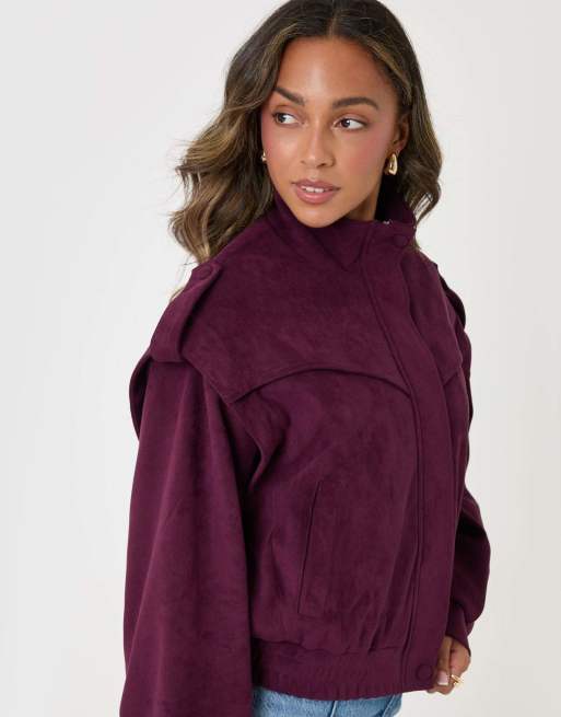 Threadbare Faux suede cape shoulder bomber jacket in plum, 3 of 5