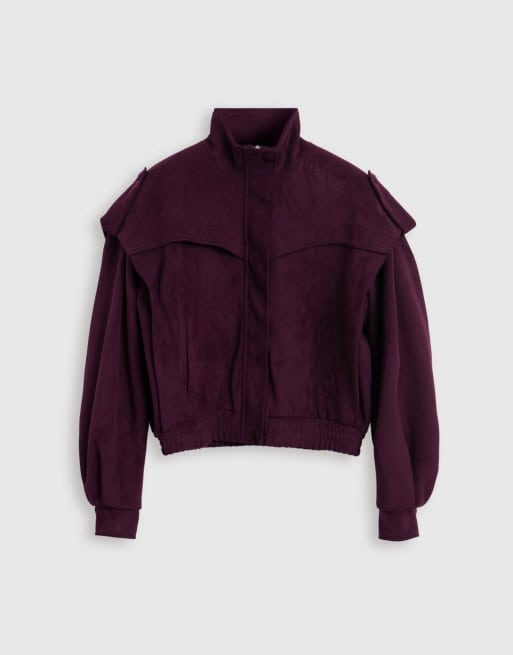 Threadbare Faux suede cape shoulder bomber jacket in plum, 5 of 5