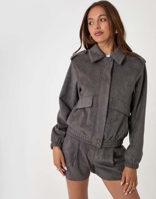 Threadbare Faux suede collared bomber jacket in charcoal grey, 2 of 5