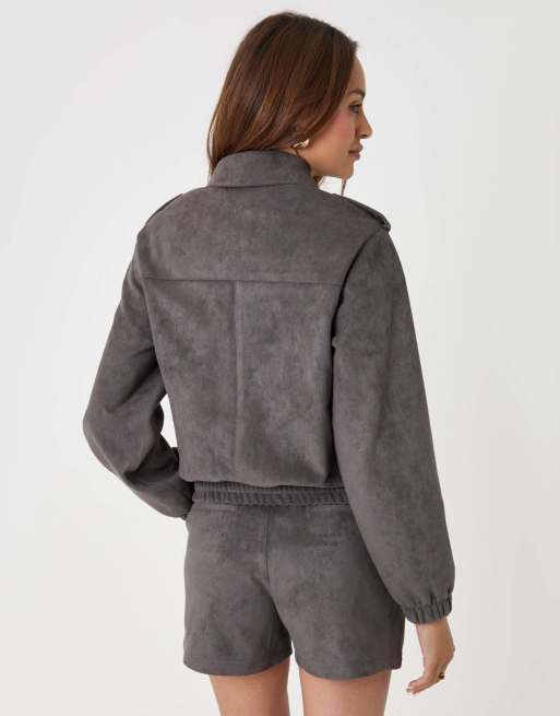 Threadbare Faux suede collared bomber jacket in charcoal grey, 3 of 5