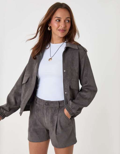 Threadbare Faux suede collared bomber jacket in charcoal grey, 4 of 5