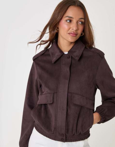 Threadbare Faux suede collared bomber jacket in chocolate brown - view 1