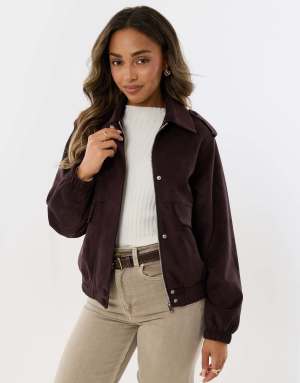 Threadbare Faux suede collared bomber jacket in chocolate brown