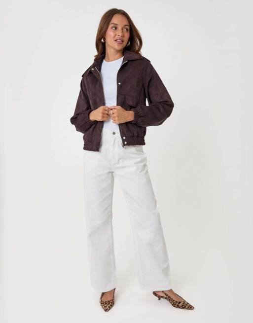 Threadbare Faux suede collared bomber jacket in chocolate brown, 3 of 5