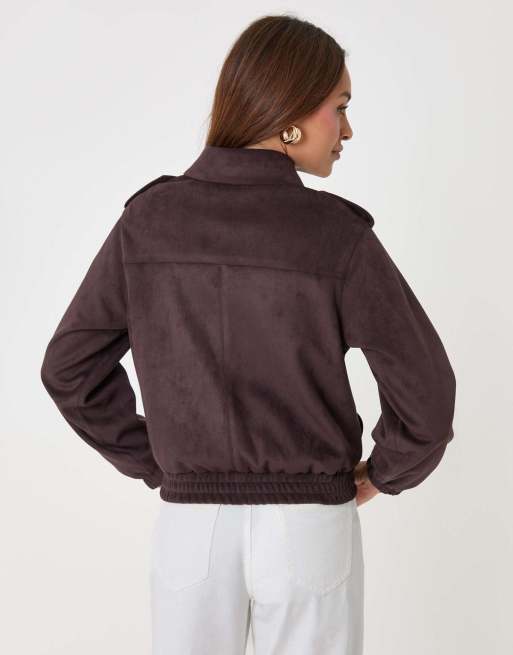 Threadbare Faux suede collared bomber jacket in chocolate brown, 4 of 5