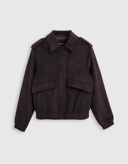 Threadbare Faux suede collared bomber jacket in chocolate brown, 5 of 5