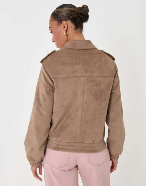 Threadbare Faux suede collared bomber jacket in tan, 2 of 4