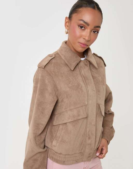 Threadbare Faux suede collared bomber jacket in tan, 4 of 4