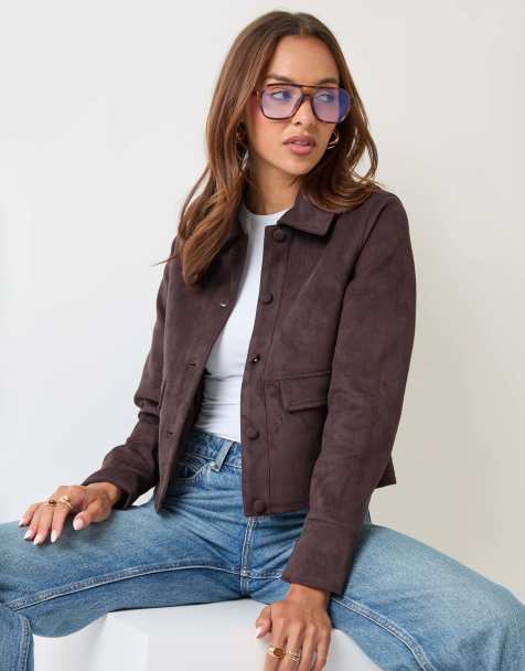 Threadbare Faux suede collared jacket in chocolate brown - view 1