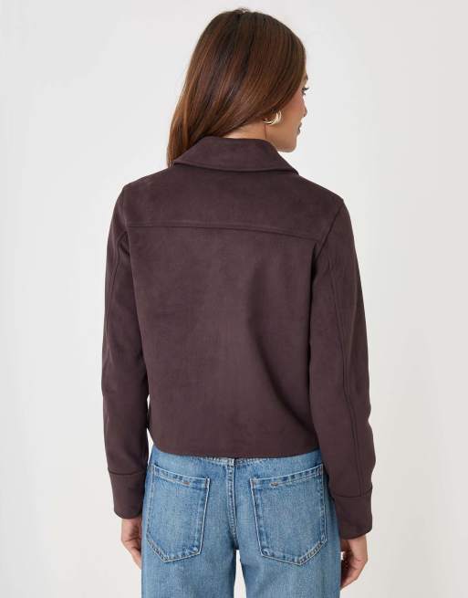 Threadbare Faux suede collared jacket in chocolate brown, 2 of 5